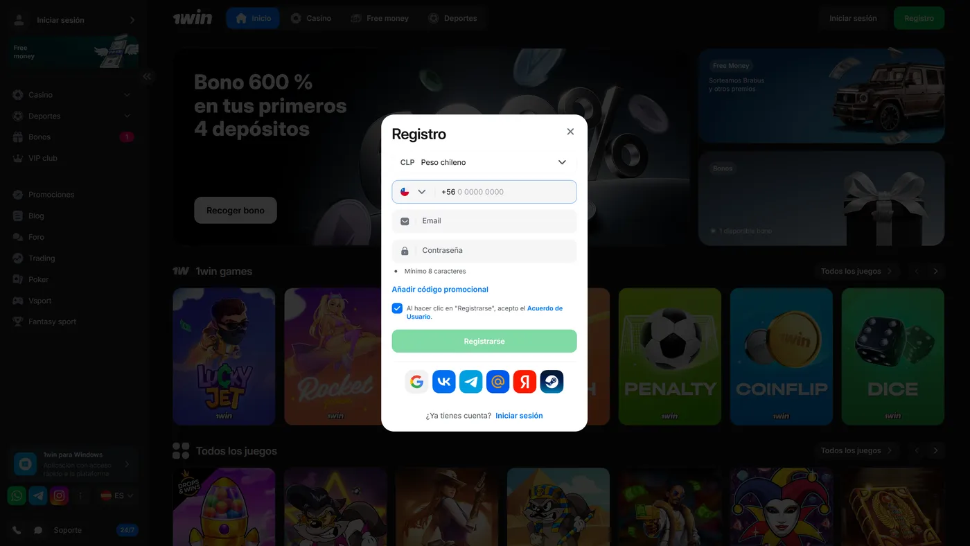 Inicio de sesión y registro en la 1Win app