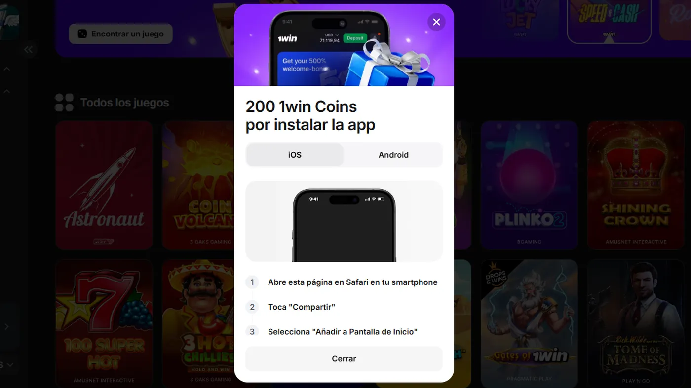 Aplicación móvil de 1Win para jugadores de Chile