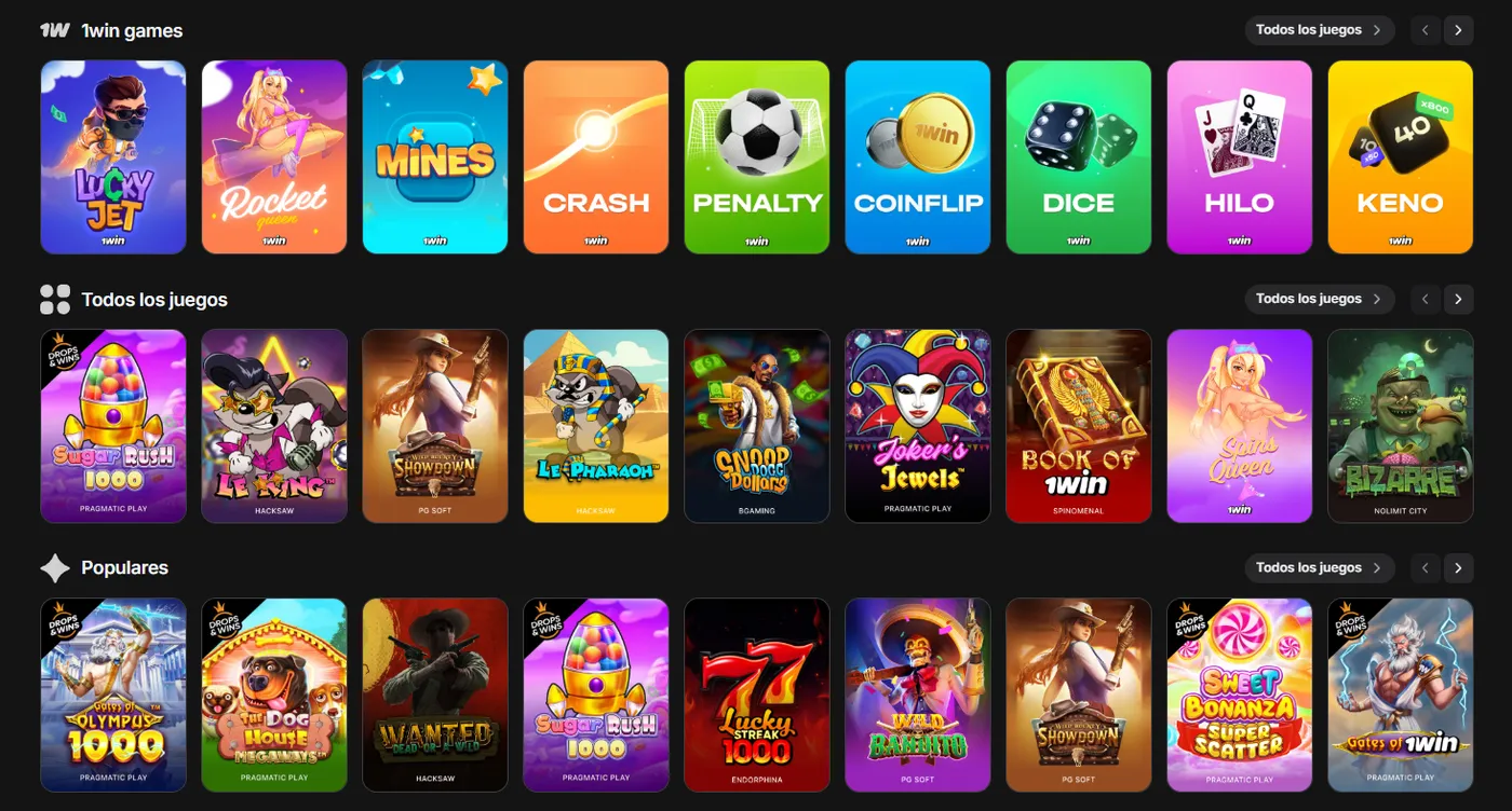 Juegos disponibles en casino 1Win